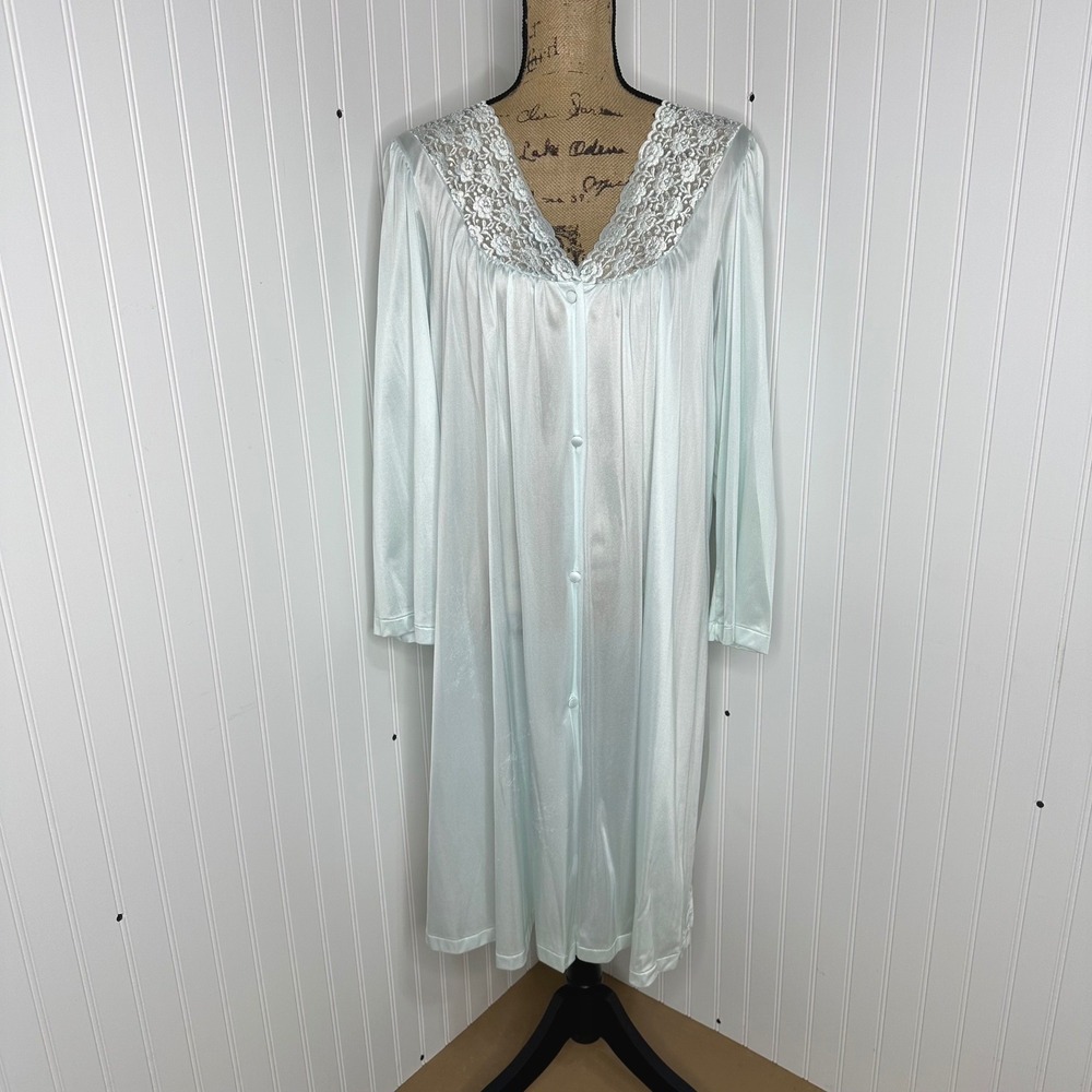Vintage Vanity Fair Button Front Nightgown Blue Nylon Floral Lace Trim Sz XL‎